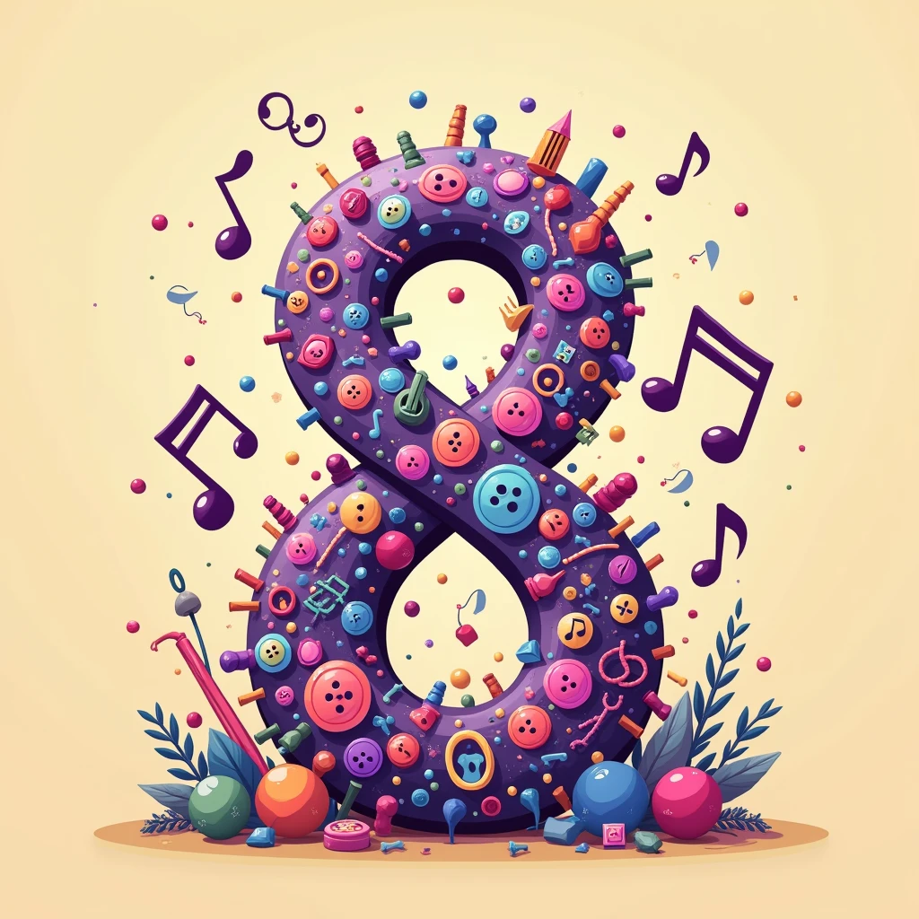 Create a YouTube banner image based on a colorful musical note composition. The centerpiece should be a large eighth note made up of various small objects and icons related to music. Include items like miniature instruments, buttons, beads, and small colorful spheres. The note should be primarily in shades of purple, pink, and blue. Scatter musical notation symbols around the main note. The background should be a warm, light beige color. Ensure the image is wide enough for a YouTube banner, maintaining a 16:9 aspect ratio. Add the channel name 'Tune Tapestry' in a playful, colorful font that complements the mosaic style of the musical not