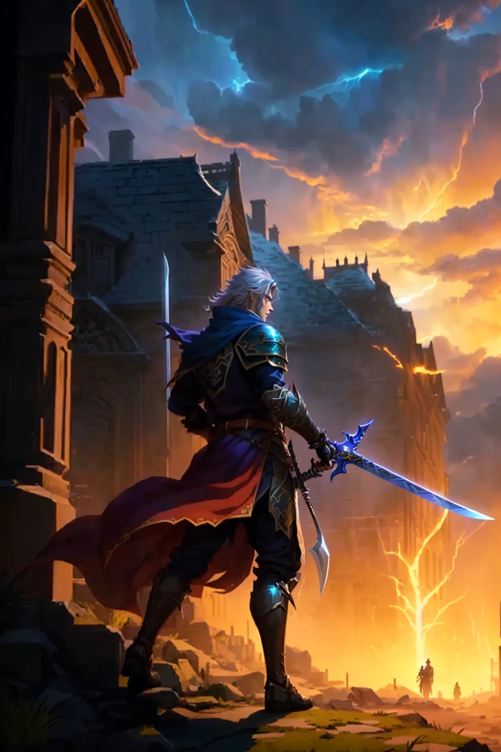 anime style illustration of a man with a sword standing in front of a building, Stormy Archive, fantasy RPG book illustration, Silvain Sarrailh, Storm-Blessed Kaladin, epic RPG portrait, Arte de RPG, offcial art, Epic fantasy digital art style, Detailed 2D digital fantasy art, RPG Illustration, epic RPG art, RPG character art
