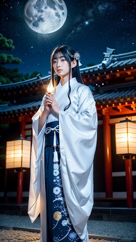 **Prompt:** Create an ultra-realistic 8K resolution image of Tsukuyomi, the Japanese moon god from Shinto mythology, depicted as a majestic and serene figure. Tsukuyomi has an ethereal and otherworldly beauty, with long, flowing silver hair that glimmers like moonlight. His eyes are deep and calm, reflecting the tranquil glow of the moon. He wears a traditional Japanese kimono adorned with intricate silver and blue patterns, symbolizing the night sky and celestial elements. 

In one hand, he gently holds a crescent moon, radiating a soft, luminous light, while his other hand gracefully holds a staff with a crescent-shaped ornament at the top. The background features a vast, starry night sky with a full moon shining brightly, casting a serene and mystical atmosphere. The setting is an ancient Japanese temple, with traditional architecture and delicate lanterns illuminating the surroundings. Tsukuyomi stands as a figure of calm and divine authority, blending the sacredness of Shinto mythology with the serene beauty of the moonlit night.