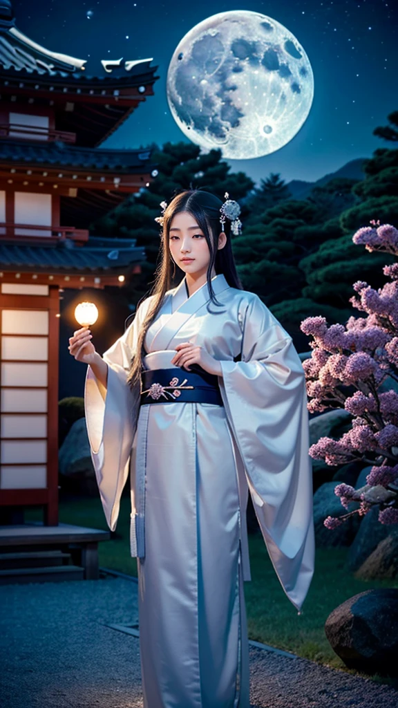 **Prompt:** Create an ultra-realistic 8K resolution image of Tsukuyomi, the Japanese moon god from Shinto mythology, depicted as a majestic and serene figure. Tsukuyomi has an ethereal and otherworldly beauty, with long, flowing silver hair that glimmers like moonlight. His eyes are deep and calm, reflecting the tranquil glow of the moon. He wears a traditional Japanese kimono adorned with intricate silver and blue patterns, symbolizing the night sky and celestial elements. 

In one hand, he gently holds a crescent moon, radiating a soft, luminous light, while his other hand gracefully holds a staff with a crescent-shaped ornament at the top. The background features a vast, starry night sky with a full moon shining brightly, casting a serene and mystical atmosphere. The setting is an ancient Japanese temple, with traditional architecture and delicate lanterns illuminating the surroundings. Tsukuyomi stands as a figure of calm and divine authority, blending the sacredness of Shinto mythology with the serene beauty of the moonlit night.