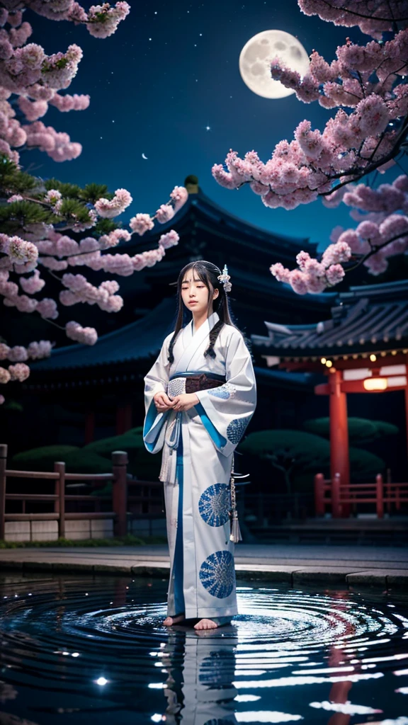 **Prompt:** Create an ultra-realistic 8K resolution image of Tsukuyomi, the Japanese moon god from Shinto mythology, depicted as a majestic and serene figure. Tsukuyomi has an ethereal and otherworldly beauty, with long, flowing silver hair that glimmers like moonlight. His eyes are deep and calm, reflecting the tranquil glow of the moon. He wears a traditional Japanese kimono adorned with intricate silver and blue patterns, symbolizing the night sky and celestial elements.
In one hand, he gently holds a crescent moon, radiating a soft, luminous light, while his other hand gracefully holds a staff with a crescent-shaped ornament at the top. The background features a vast, starry night sky with a full moon shining brightly, casting a serene and mystical atmosphere. The setting is an ancient Japanese temple, with traditional architecture and delicate lanterns illuminating the surroundings. Tsukuyomi stands as a figure of calm and divine authority, blending the sacredness of Shinto mythology with the serene beauty of the moonlit night.