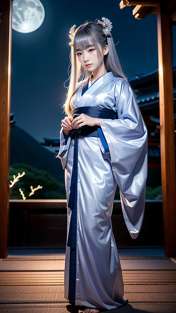 **Prompt:** Create an ultra-realistic 8K resolution image of Tsukuyomi, the Japanese moon god from Shinto mythology, depicted as a majestic and serene figure. Tsukuyomi has an ethereal and otherworldly beauty, with long, flowing silver hair that glimmers like moonlight. His eyes are deep and calm, reflecting the tranquil glow of the moon. He wears a traditional Japanese kimono adorned with intricate silver and blue patterns, symbolizing the night sky and celestial elements.
In one hand, he gently holds a crescent moon, radiating a soft, luminous light, while his other hand gracefully holds a staff with a crescent-shaped ornament at the top. The background features a vast, starry night sky with a full moon shining brightly, casting a serene and mystical atmosphere. The setting is an ancient Japanese temple, with traditional architecture and delicate lanterns illuminating the surroundings. Tsukuyomi stands as a figure of calm and divine authority, blending the sacredness of Shinto mythology with the serene beauty of the moonlit night.
