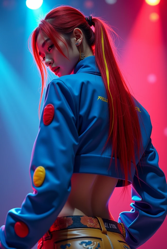 masterpiece, Highest quality, Ultra-high resolution, (sexy Korea idol man: 1.3), Men, Korea Men, Red hair with yellow side streaks, Straight hair、long tied hair, Looks like a、(red and blue harajaku: 1.2), (The jacket is a blue jacket with red and yellow details.: 1.2), back view、Big, shapely ass、The kpop show paucco where the spotlight is dazzling、A little wet、mouth piercing, Focus on the big ass and beautifully shaped
