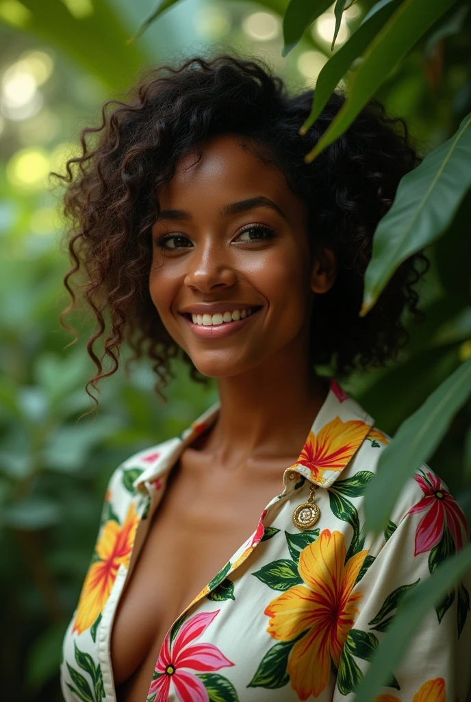 A Brazilian woman in a lush tropical garden, wearing an open shirt with a floral print, with a close-up capturing the harmonious beauty between her breasts and the natural flowers, showing off your natural charm and outgoing personality.