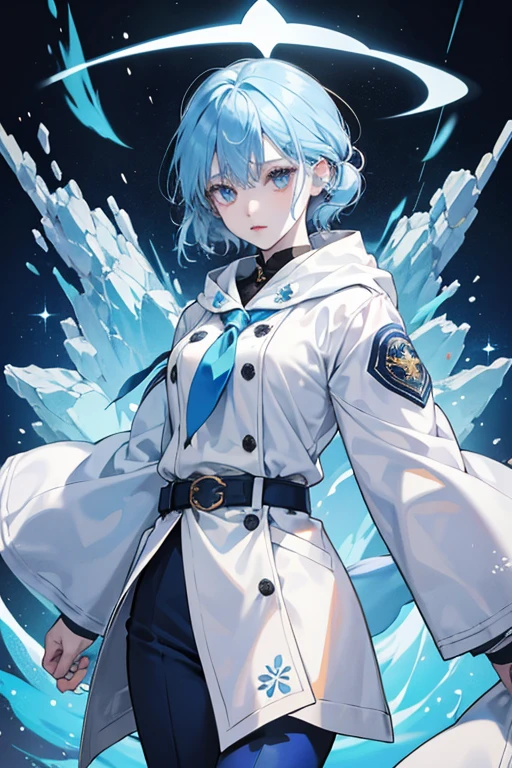 Chongyun . she has light blue hair reaching her ears, pale skin, and ice-blue cat slit eyes.
she wears a symmetrical white hooded jacket with navy embroidery. Under this, she wears a blue shirt over white pants with gold cuffs, along with a dark navy undershirt. sHe has bandages around her right wrist and right ankle. sHe wears her Vision on the left side of her belt. Her outfit, Pure Spirit, is described to be as a traditional thaumaturge's trappings. SPARKLE; GLITTER