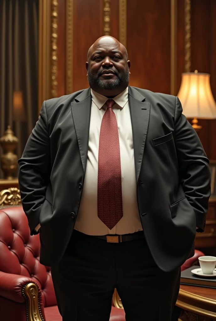 An African boss with a big belly who eats badly