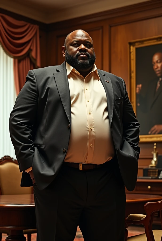 An African boss with a big belly who eats badly