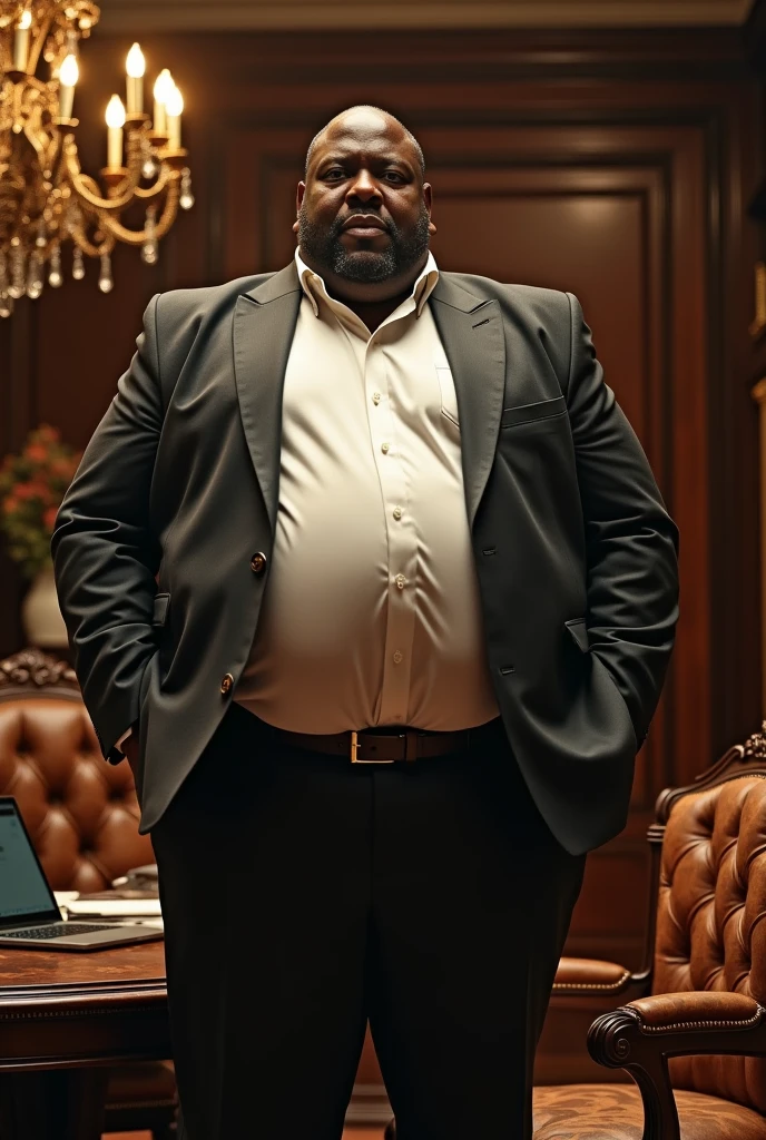 An African boss with a big belly who eats badly