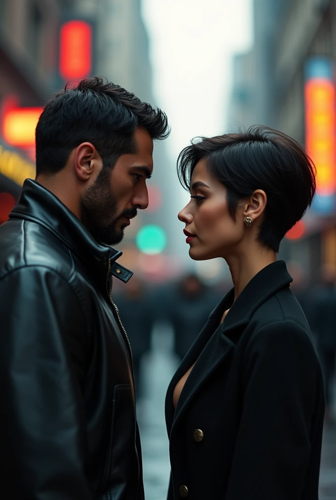 A 1 man meets a woman with short hair on the street. She thinks he's really handsome, but he looks like a gangster, but she likes to take risks.
