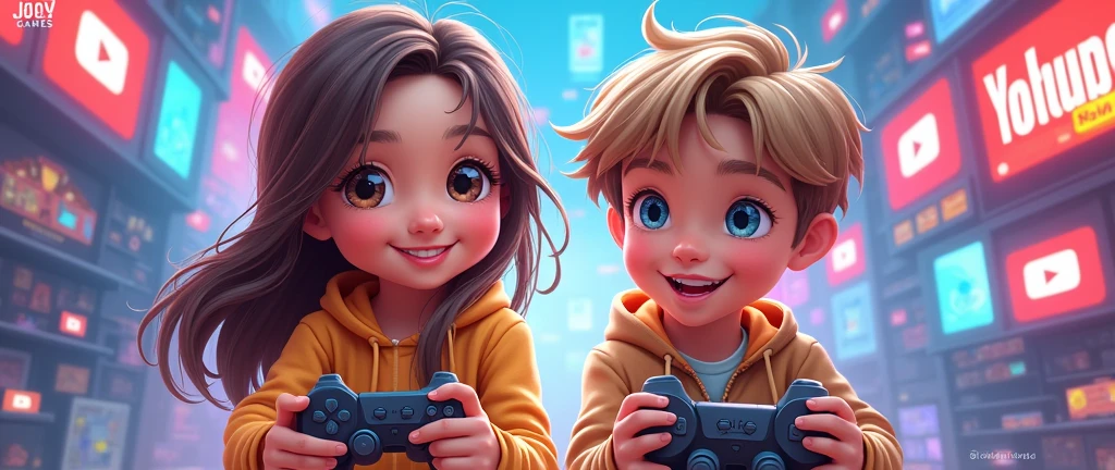 Title: Display the title "JOJOY#games" in bold and playful text at the top or center of the poster.
Main Character: a girl young with long, wavy brown hair and tanned skin. She has brown light eyes. She is smiling brightly and a Young boy. He has light skin, short light brown hair with bangs. Blue eyes. He is smiling brightly, anime girl and anime boy, digital painting,concept art
Background: Include a colorful and exciting gaming elements like consoles. Ensure the background is vibrant and engaging.
Supporting elements: Add 3d youtube logos and likes
