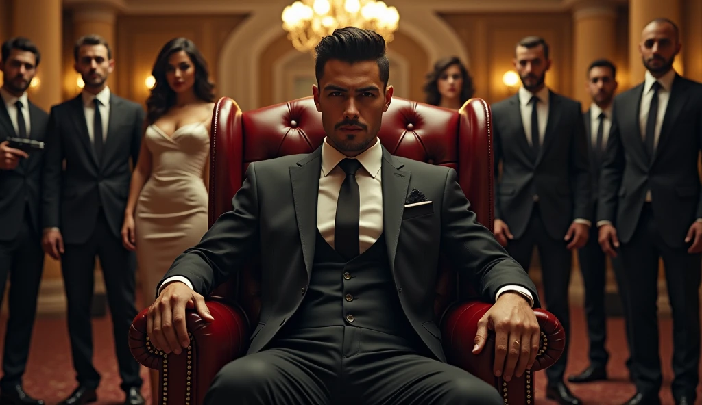 "A powerful and confident young Mafia Boss, dressed in a sharp suit, is seated in an imposing boss chair. Behind him stands a beautiful woman, exuding elegance and strength. Beside her is the same Mafia Boss in a simple outfit, representing his dual identity. The background features a grand and luxurious bungalow, with several men in black suits holding guns, standing guard. The scene reflects authority, mystery, and the duality of the Mafia Boss's life, blending power and sophistication."