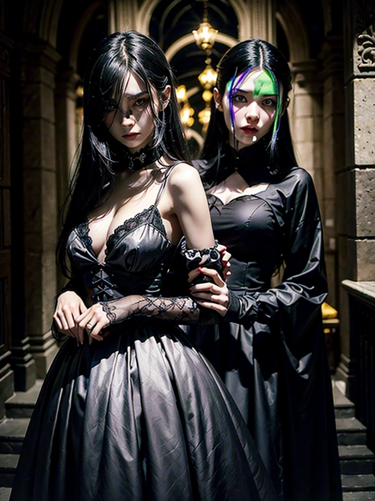 Create a stylish and powerful vampire, with long black hair and bright red eyes. Your skin is pale and flawless, and she wears a sophisticated gothic dress, Dark in color, with subtle silver or red details. next to her, include another girl with a puzzled or scared expression, with hair and clothes that contrast with the vampire, perhaps in lighter tones or with a more modern style. The background should be a dark and mysterious environment., like an ancient castle or a mansion, with soft lighting that highlights the figures.