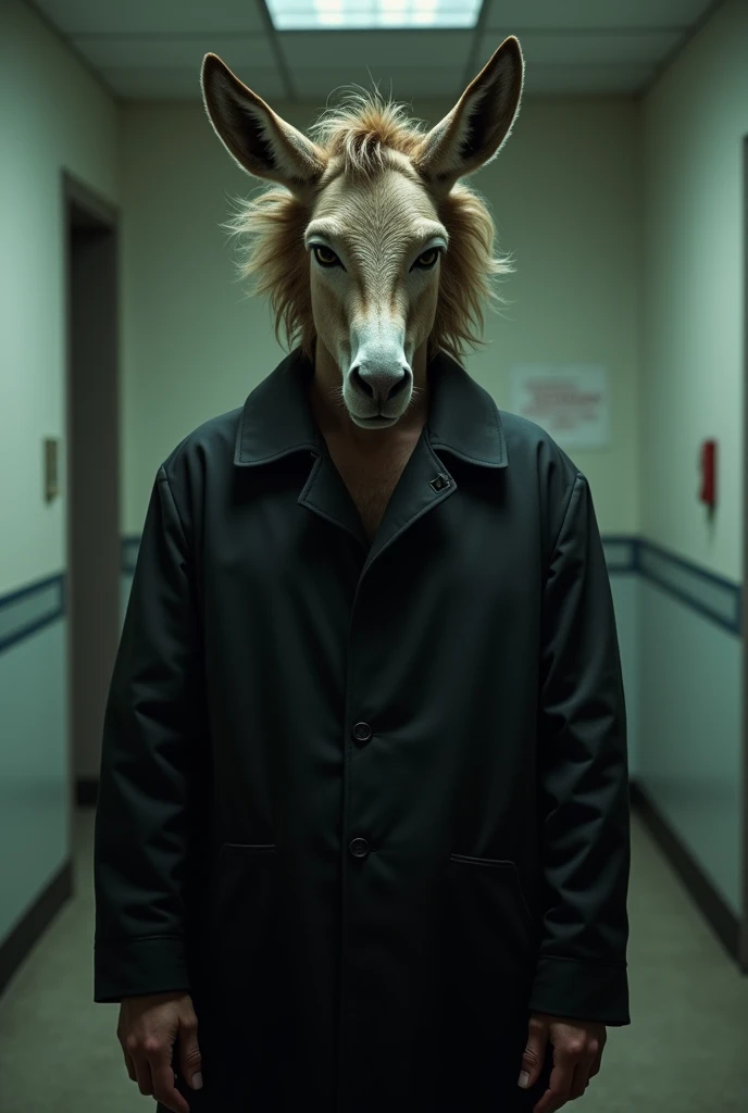 A young man with a face like a literal ass, a black coat and poop hair, he is in a room in a mental hospital
