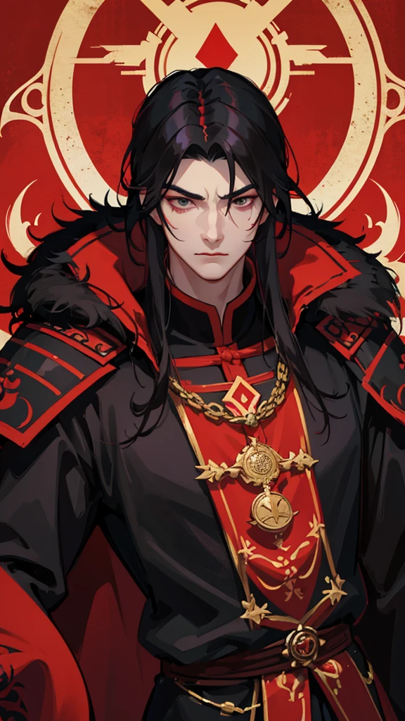 vampyre. Cao Cao. stark. Youngh. naughty man. brawny. . Stately. Dark black eyes. Black hair with red details. Dual color hair. Russian general&#39;s outfit.