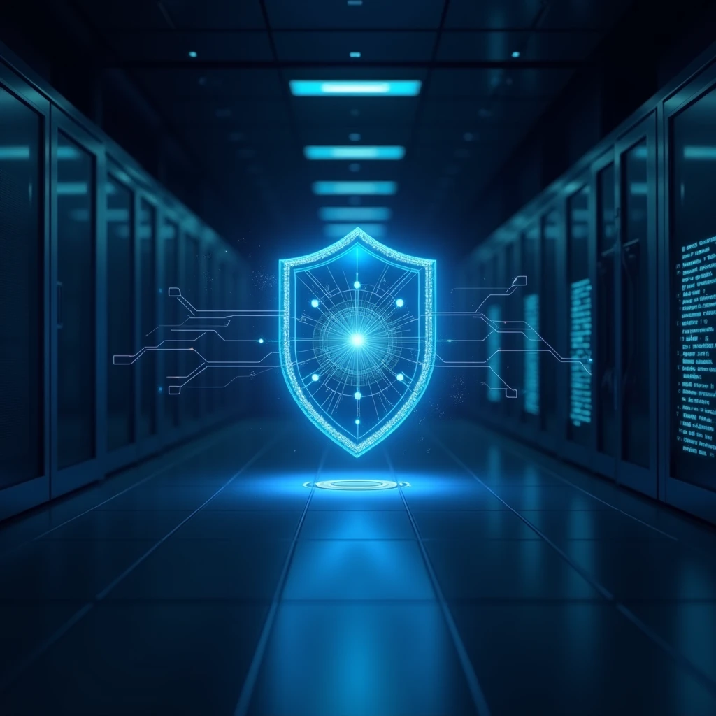 A futuristic and technological environment with dark blue tones and cybersecurity. In the center of the image, a glowing, translucent digital shield with moving lines of code surrounding it. The background shows a protected server inside a secure vault, with soft lights and illuminated control panels. The name &#39;SecureBase51&#39; appears subtly in the top corner, with a modern and technological typography, while symbolic connecting lines extend towards the shield, representing data protection