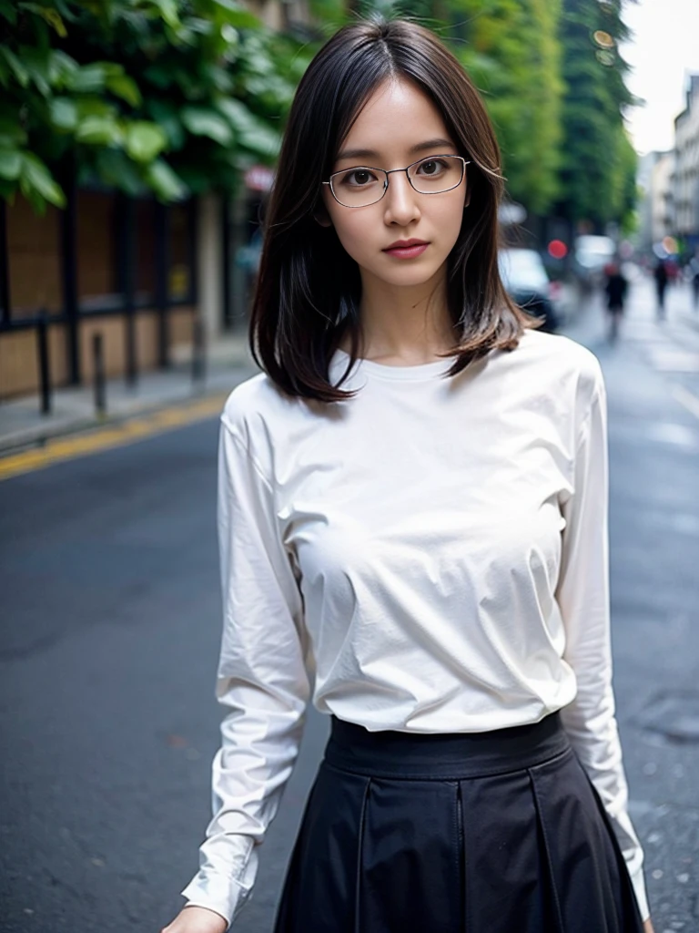 Photo of a beautiful woman standing on a street corner, (masterpiece:1.2, highest quality), (Realistic, photoRealistic:1.4), Beautiful illustrations, (Natural Side Lighting, Cinema Lighting), Written boundary depth, Beautiful thighs staring at the viewer, (((Face Focus, Upper Body))), 1 female, 30-year-old, alone, thin, slender, small breasts!!!, short hair, straight hair, thin, slender, (((glasses))), long sleeve T-shirt, long sexy skirt, Are standing, Paris on a clear day with park in the foreground