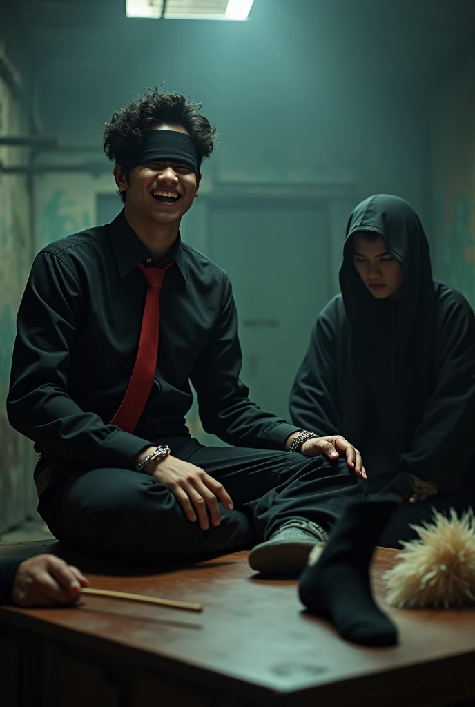 Malaysia malay handsome 21 years student
He laugh very hard
His hand handcuff in abondon warehouse
Blindfolded
handcuff
Black Work Outfit Red tie
Focus feet on desk
feather duster on desk
Black sock on desk
2 evil mafia rub his feet