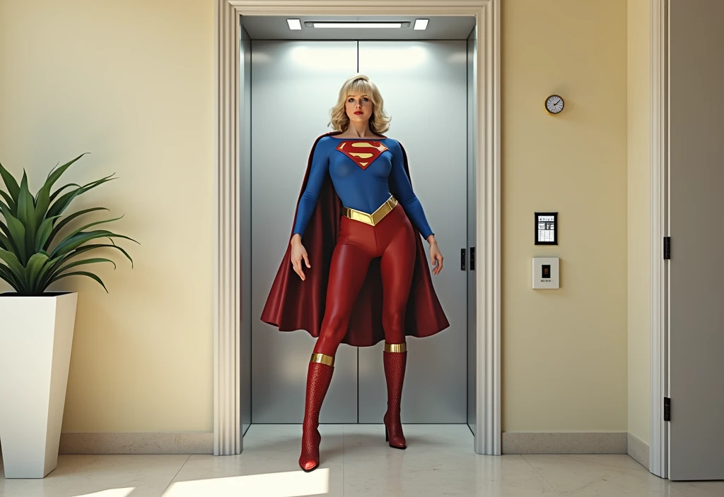 A beautiful girl in a 1980s Superwoman costume, Julie Hagerty, stepping out of an elevator, high quality, photorealistic, 8k, cinematic lighting, dramatic pose, intricate details, warm color tones, volumetric lighting, elegant, heroic, dynamic