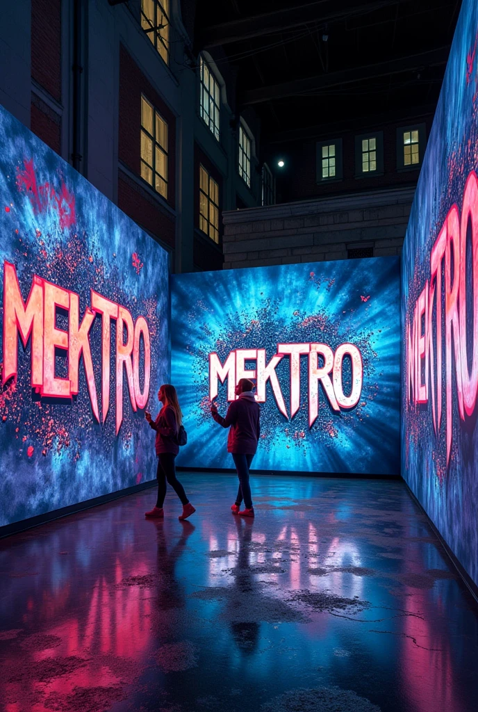 A realistic photograph of an immersive mapping exhibition set in an urban environment. The scene showcases vibrant street art and graffiti, with the word 'MEKTRO' prominently featured in bold, dynamic lettering. The graffiti is displayed on large walls and surfaces, surrounded by urban elements like brick walls, concrete structures, and city lights. The mapping exhibition brings the graffiti to life with projections, dynamic lighting effects, and vibrant colors that create an engaging and immersive experience. The atmosphere is lively, with a blend of modern street culture and art.