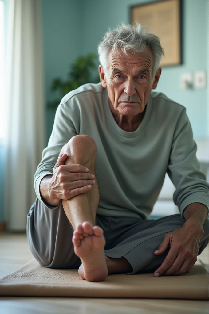 Elderly man performing a hamstring stretch at a physical therapy clinic 