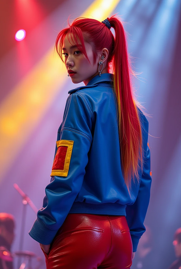 masterpiece, Highest quality, Ultra-high resolution, (sexy Korea idol man: 1.3), Men, Korea Men, manhwa, Red hair with yellow side streaks, Straight hair、long tied hair, Looks like a、(red and blue harajaku: 1.2), (The jacket is a blue jacket with red and yellow details.: 1.2), back view、Big, shapely ass、The kpop show paucco where the spotlight is dazzling、A little wet、mouth piercing, Focus on the big ass and beautifully shaped