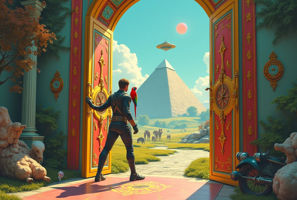 Un homme avec des vêtements futuristes pousse des deux mains des portes futuristes  avec des figures géométriques de couleurs différentes sur la porte et devant lui une pyramide avec de l'herbe et des animaux ,le tout ressemblent à la peinture que j'ai publié et un robot et à côté devant une des portes et le personnage caucasien avec un Péroqué sur l'épaule et un aspect baroque est légèrement ajouté une soucoupe volante est ajouté et un extra terrestre petit gris,le personnage se tient droits les jambes légèrement écartées en poussant les portes il y a des mécanismes et horlogerie sur les portes et une voiture ancienne améliorée venus du futur 