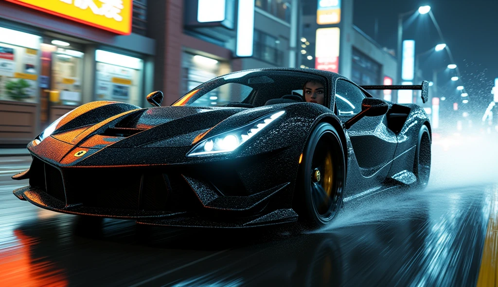 black ferrari sports car in motion racing at night in the rain on the streets of tokyo with an asian girl behind the wheel