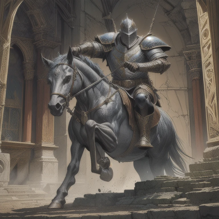 a sacred knight, detailed bestiary style, digital art, (best quality,4k,8k,highres,masterpiece:1.2),ultra-detailed,(realistic,photorealistic,photo-realistic:1.37),dynamic pose, ornate armor, medieval fantasy, highly detailed, dramatic lighting, vibrant colors, cinematic