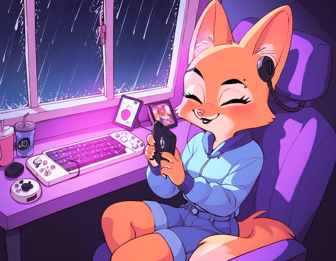 purple leds, purple leds, retro style, 80s, pink neons, Lo-Fi Aesthetics, pink lights, Diane foxington, ginger fur, emerald eyes, black lipstick, black eyebrows, silver piercings on eyebrow, fox tail, sitting in a chair, in front of a pc (music player), led headset, closed eyes, relaxing, dark bedroom, night, window, rain, by diives