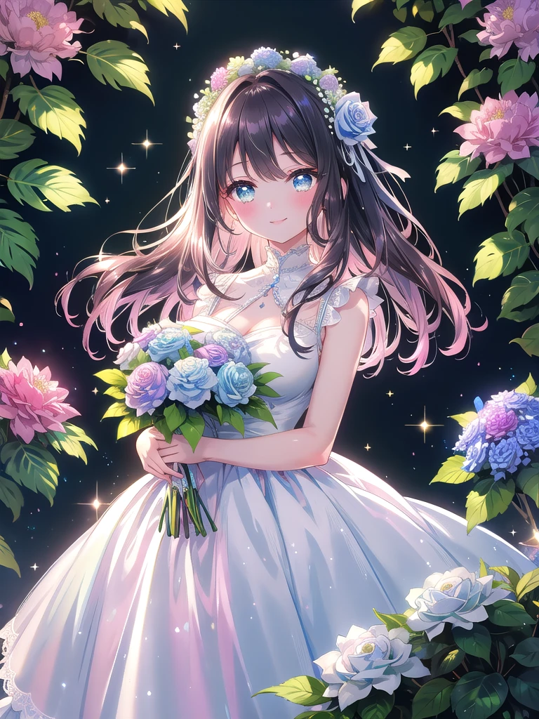 ((8k, Highest quality, masterpiece: 1.3)),Ultra-high resolution,(1 girl, alone), (Color changing eyes, Ultra-detailed, Expressive brilliance, Glitter, Glowing Eyes), Highly detailed eyes, Highly detailed face, Random Hair, ((pastel colour))Visualize a woman standing on a sunlit garden path, framed by blooming hydrangeas and roses. She’s holding a lush, voluminous bouquet of pink peonies and white roses, with soft greenery wrapped in elegant white lace. The bouquet is large, vibrant, and overflowing, almost reaching her chest, emphasizing the abundance and beauty of the flowers. She’s dressed in a sleeveless light blue dress with a subtle floral pattern, tailored to fit just above the knee, complementing the garden setting. Her long, dark hair is styled in loose waves, with a small, delicate hairpin on one side. She faces the camera directly, her smile warm and genuine, her eyes sparkling with joy as if she’s about to present the bouquet to a dear friend. The background features soft sunlight filtering through the leaves, and the angle captures her upper body and face clearly, with gentle light sparkles enhancing the celebratory mood.