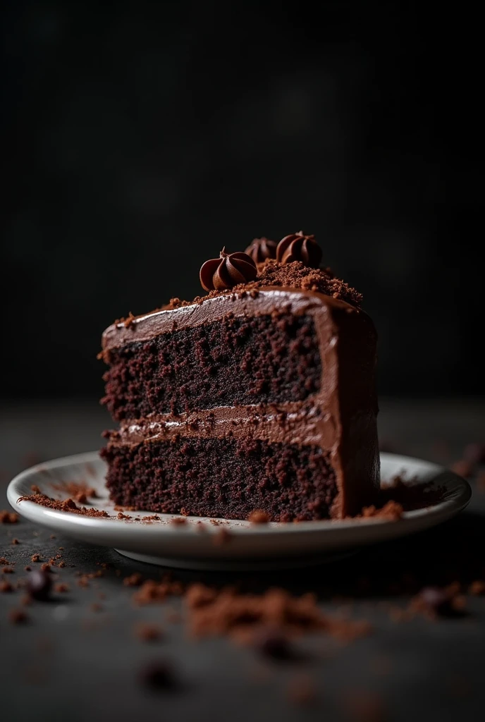 cinematic film still chocolate, chocolate cake, dark background, quality photo, moist texture, frosting, studio photo, slice . shallow depth of field, vignette, highly detailed, high budget, bokeh, cinemascope, moody, epic, gorgeous, film grain, grainy