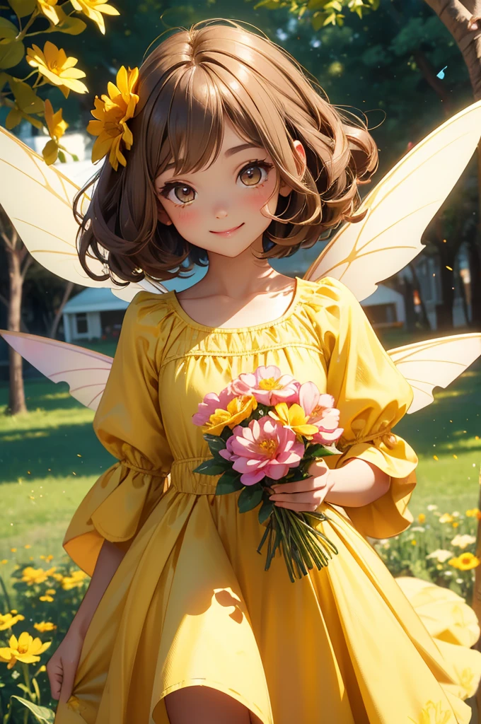 Light brown hair Short Bob Brown eyes beautiful girl Yellow flower hair ornament Yellow dress Cosmos field Beautiful pink fairy wings smile
