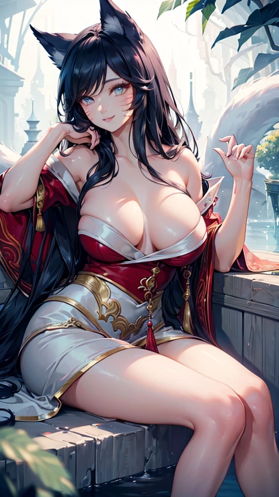 (best quality,ultra-detailed,realistic:1.37),Ahri,spa,luxurious,relaxing atmosphere,beautiful detailed eyes,beautiful detailed lips,smiling,bathrobe,sitting upright,black hair,nine white tails,peaceful background,portraits,vivid colors,soft lighting,tranquil ambiance, bare breasts