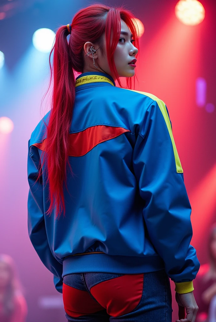 masterpiece, Highest quality, Ultra-high resolution, (sexy Korea idol man: 1.3), Men, Korea Men, manhwa, Red hair with yellow side streaks, Straight hair、long tied hair, Looks like a、(red and blue harajaku: 1.2), (The jacket is a blue jacket with red and yellow details.: 1.2), back view、Big, shapely ass、The kpop show paucco where the spotlight is dazzling、A little wet、mouth piercing, Focus on the big ass and beautifully shaped