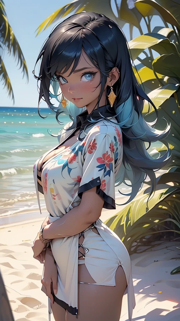 hindu goddess, serious and sexy face, has a face of supernatural beauty, long light blue hair, light blue hair,fitness hip, cracked abdominal muscle, large abdomen muscle,light_blue_hair,
woman,1female,((milf,mom,mature,mature woman,4 female,adult)),
Her figure is extremely voluptuous, gigantic breasts, heavy breasts,(large breasts:1.5),saggy breasts,light blue hair,colored inner hair,((light blue_eyes:1.3))),intricate eyes,beautiful detailed eyes,symmetrical eyes,((((dark_skin:1.3,(dark skin),lustrous skin:1.5,bright skin: 1.5,skin tanned,shiny skin,very shiny skin,shiny body,illuminated skin)))),(spider lower abdomen,narrow waist,wide hip,bimbo body,inflated legs,thick thighs),(((detailed face))),
(cute,slutty,sensual,seductive look,seductive,((erotic)),opulent,sumptuous,longingly,((nsfw)),
queen,goddess,fantasy,revealing clothing,show skin,zettai ryouiki,revealing clothing,skin show,((rave shirt with a print,rave miniskirt,visible thong straps)),(wearing a rave outfit:1.3,rave clothing,semi-naked,scantily clad),((clothes wet, intricate costume, intricate clothing)), bare belly, bare shoulders, golden bracelets,detailed outfit,cleavage,(beautiful Hindu rave clothes),(party Hindu rave clothes, very loose dress):1.5, Hindu style,
(dynamic pose:1.0),arrogant face, arrogant smile,(centered,scale to fit dimensions,Rule of thirds),
outdoor,((beach rave party)),scenery:1.25,((intricate scenery)),((beach rave party background)),beach rave party atmosphere,Summer beach party,sand,beach party behind,harmonized orange sunset adding to the atmosphere of a summer beach party,beach party atmosphere,Boom festival,European rave,Cytorance festival,time golden,Ozora festival,sea,horizon,palm,palm trees,Christmas lights,
(Glossy rave ornaments),highres,sharp focus,(ultra detailed,extremely detailed),(photorealistic artwork:1.37),(extremely detailed CG unity 8k wallpaper),(((vibrant colors,vibrant theme))),(intricate),(masterpiece),(best quality),artistic photograp