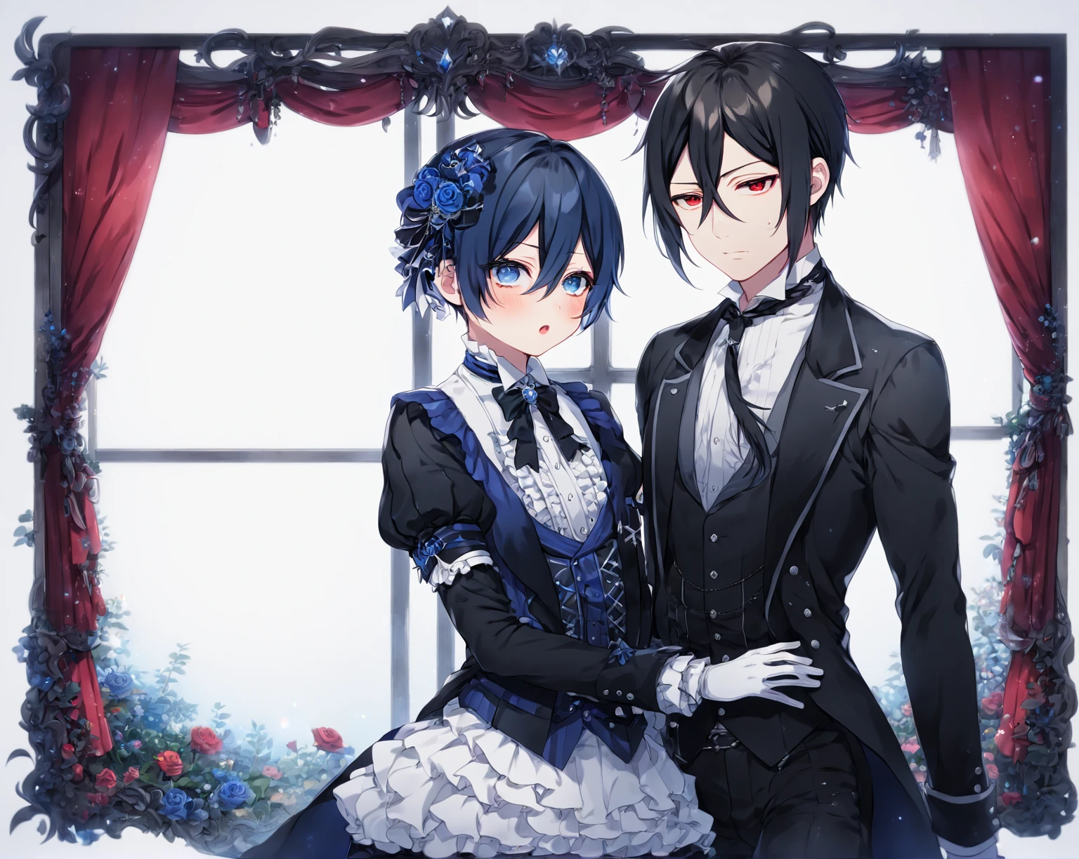 absurdres, highres, ultra detailed, HDR, master piece, Sebastian Michaelis, black hair, expressive red eyes, black clothes, white gloves, black pants, Ciel Phantomhive, dark blue hair, expressive blue eyes, Kuroshitsuji, two sexy man together, handsome, best quality, fantasy, magical, solo, sensual, window, garden, red curtains, mansion, Black Butler, manly man, mature man, adult face, 