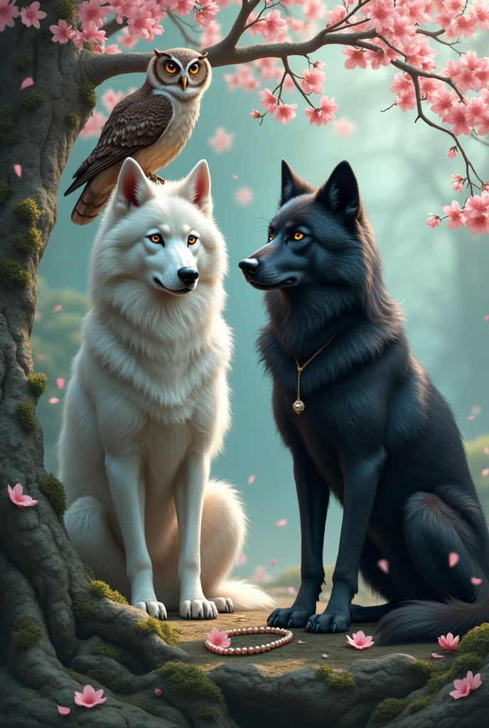 Two Wolves, an owl, a pearl necklace, a cherry