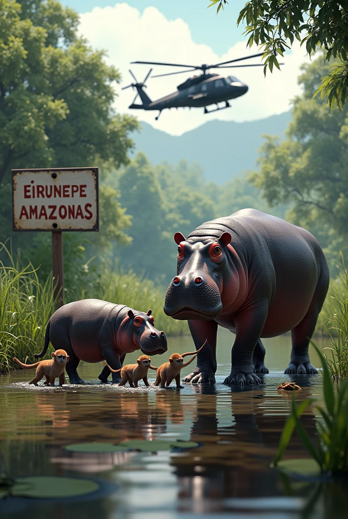 A realistic photo of a hippo family with a family of monkeys, in the background a black hawk helicopter and a sign saying "EIRUNEPÉ-AM".