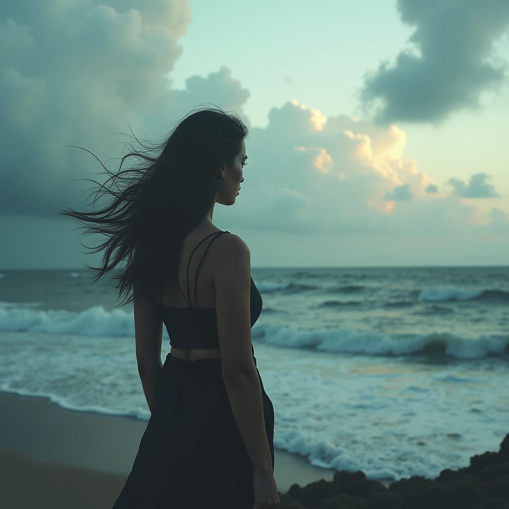 A woman with her back turned looking at the vastness of the ocean, surf , clouds, cloudy, winds, loneliness, melancholia, masterpiece, perfect composition