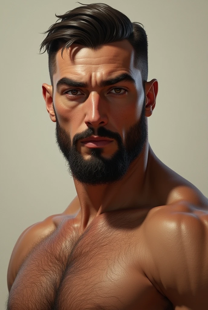 Create a man with an oval face, Italian-style aquiline nose and a sparse beard. His hair is straight and has a fringe cut. He is a tall, strong man.