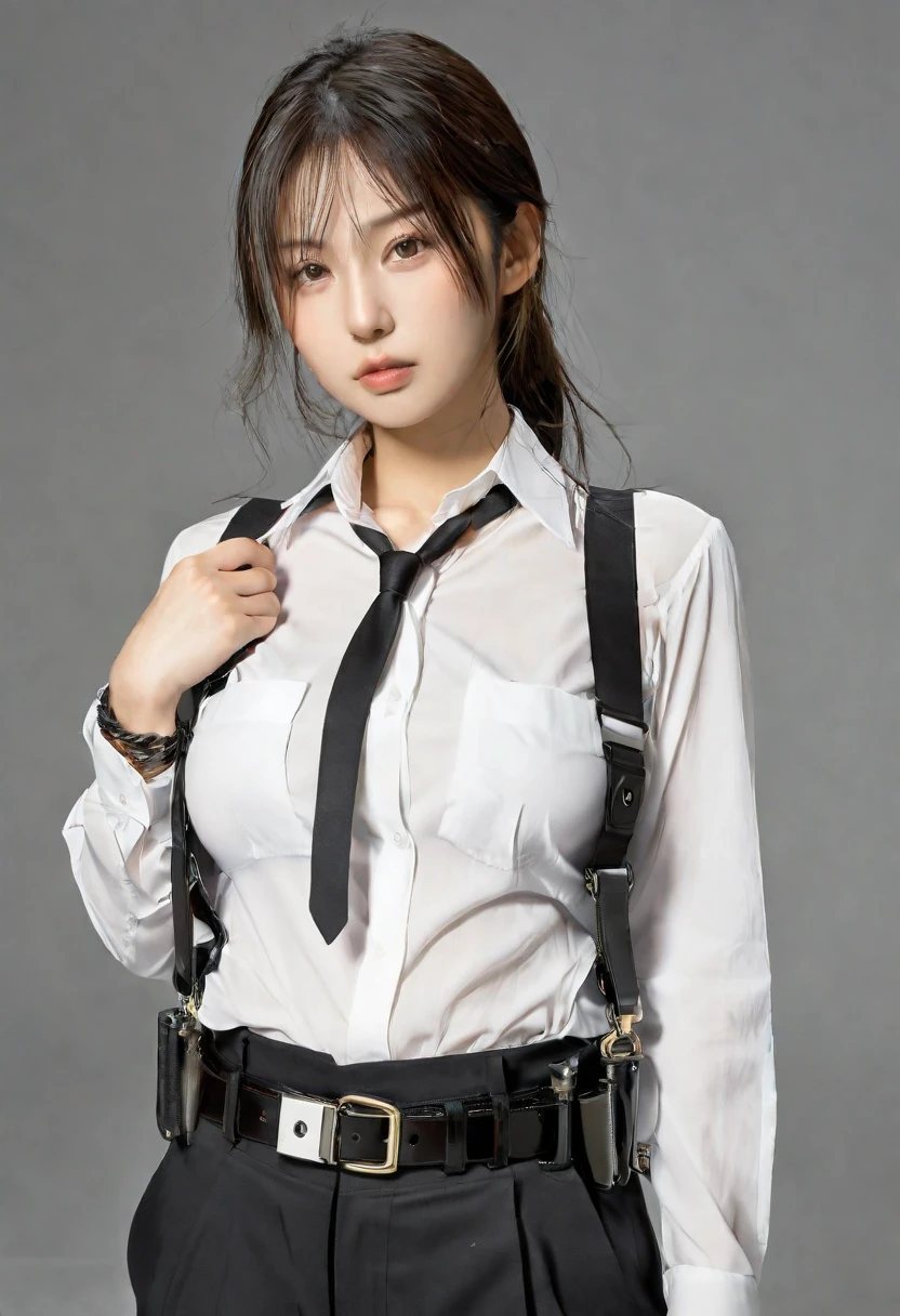 a woman in a suit, belt, hands behind back, sweating, suspenders, black pants, sexly, large breasts, see-through clothing,, detective, office worker, white button-up shirt, (best quality,4K,8k,highres,masterpiece:1.2),ultra-detailed,(realistic,photorealistic,photo-realistic:1.37),hyper-detailed,highly detailed face and body, Slender thin suspenders Moderate breasts See-through shirt Nipples holster chain Pistol Armament criminal Female criminal knife japanese profile Japanese women arrested handcuff Cable tie on thumb Restraint Fingercuffs