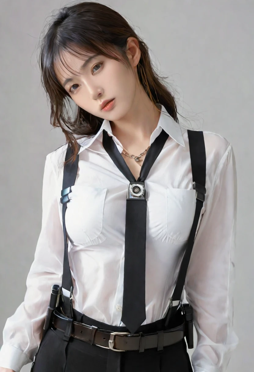 a woman in a suit, belt, hands behind back, sweating, suspenders, black pants, sexly, large breasts, see-through clothing,, detective, office worker, white button-up shirt, (best quality,4K,8k,highres,masterpiece:1.2),ultra-detailed,(realistic,photorealistic,photo-realistic:1.37),hyper-detailed,highly detailed face and body, Slender　thin　suspenders　Moderate breasts　See-through shirt　Nipples　holster　chain　Pistol　Armament　criminal　Female criminal　knife　japanese　profile　Japanese women　arrested handcuff　Cable tie on thumb　Restraint Fingercuffs
