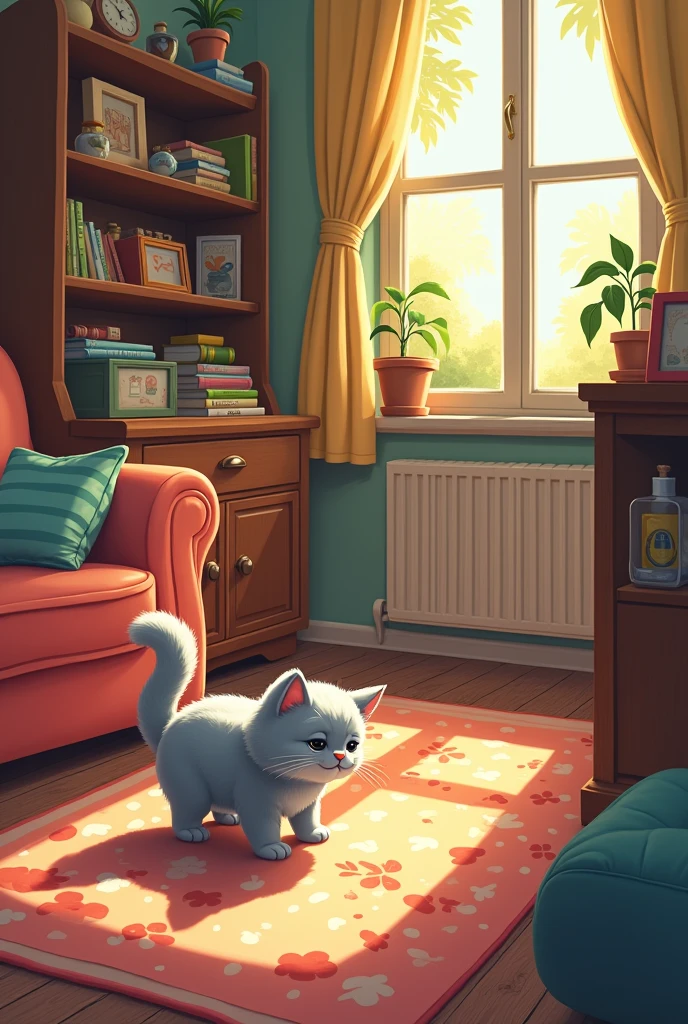 Gray cat looking for something in a room Cartoon