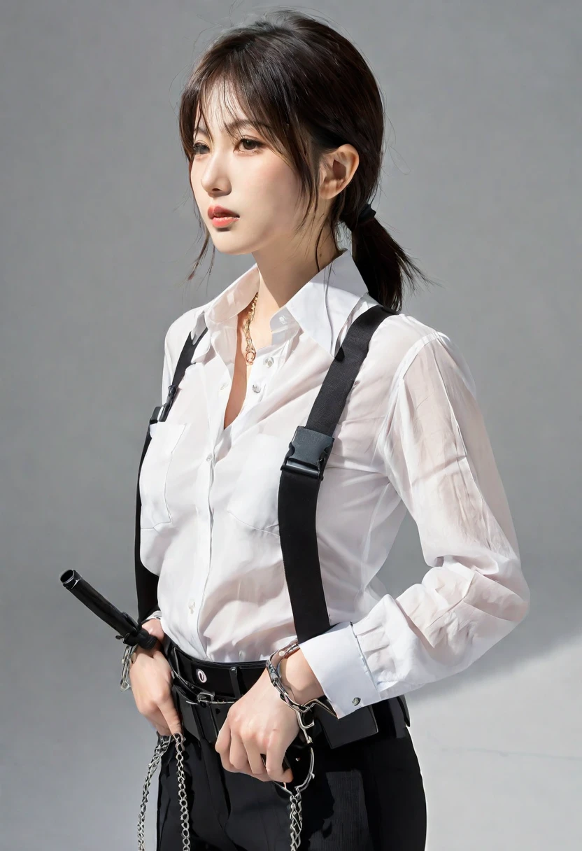 a woman in a suit, belt, hands behind back, sweating, suspenders, black pants, sexly, large breasts, see-through clothing,, detective, office worker, white button-up shirt, (best quality,4K,8k,highres,masterpiece:1.2),ultra-detailed,(realistic,photorealistic,photo-realistic:1.37),hyper-detailed,highly detailed face and body, Slender　thin　suspenders　Moderate breasts　See-through shirt　Nipples　holster　chain　Pistol　Armament　criminal　Female criminal　knife　japanese　profile　Japanese women　arrested handcuff　Cable tie on thumb　Restraint Fingercuffs
