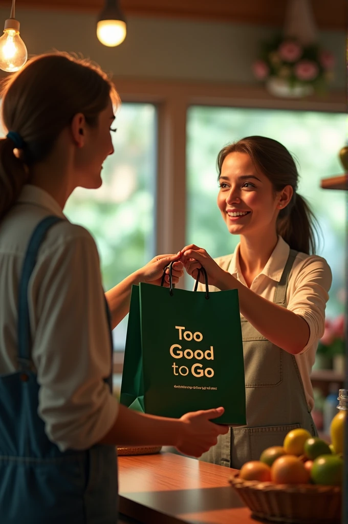 Une commerçante qui donne un sac de courses a une cliente ( sac doit être visibles et il faut que ça soit un sac vert foncé où y'a marqué too good to go dessus) je veux 1 image plus réaliste 