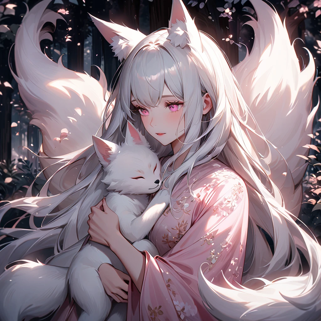 A digital painting of a kitsune with long white hair and pink eyes, holding a baby girl kitsune in her arms. The adult kitsune has a serene and caring expression, her white hair flowing gracefully around her shoulders. The baby kitsune also has white hair, slightly long and soft, with matching pink eyes that look curiously around. The setting is a peaceful, ethereal forest with soft dappled light filtering through the leaves, casting gentle shadows. Both figures are surrounded by a subtle aura of magic, with delicate pink and white hues, evoking a sense of warmth and maternal love. Highly detailed, soft lighting, ethereal, fantasy art, delicate brushwork, serene mood.