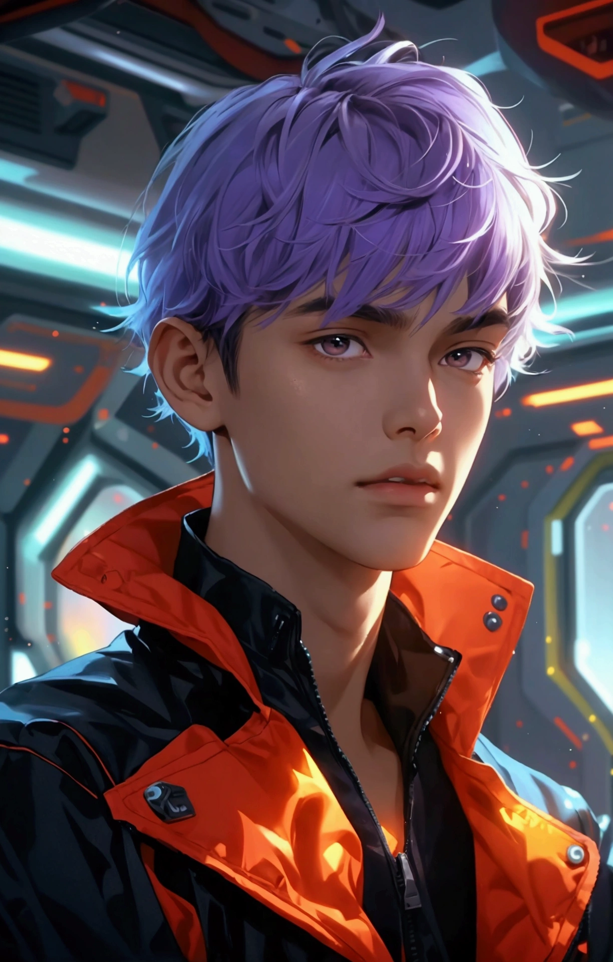 A 2 man, with short purple hair, brown eyes, olive skin, and a youthful aura. He is wearing a black and blue jumpsuit with a red jacket. He is in a space station, dancing in a night club.