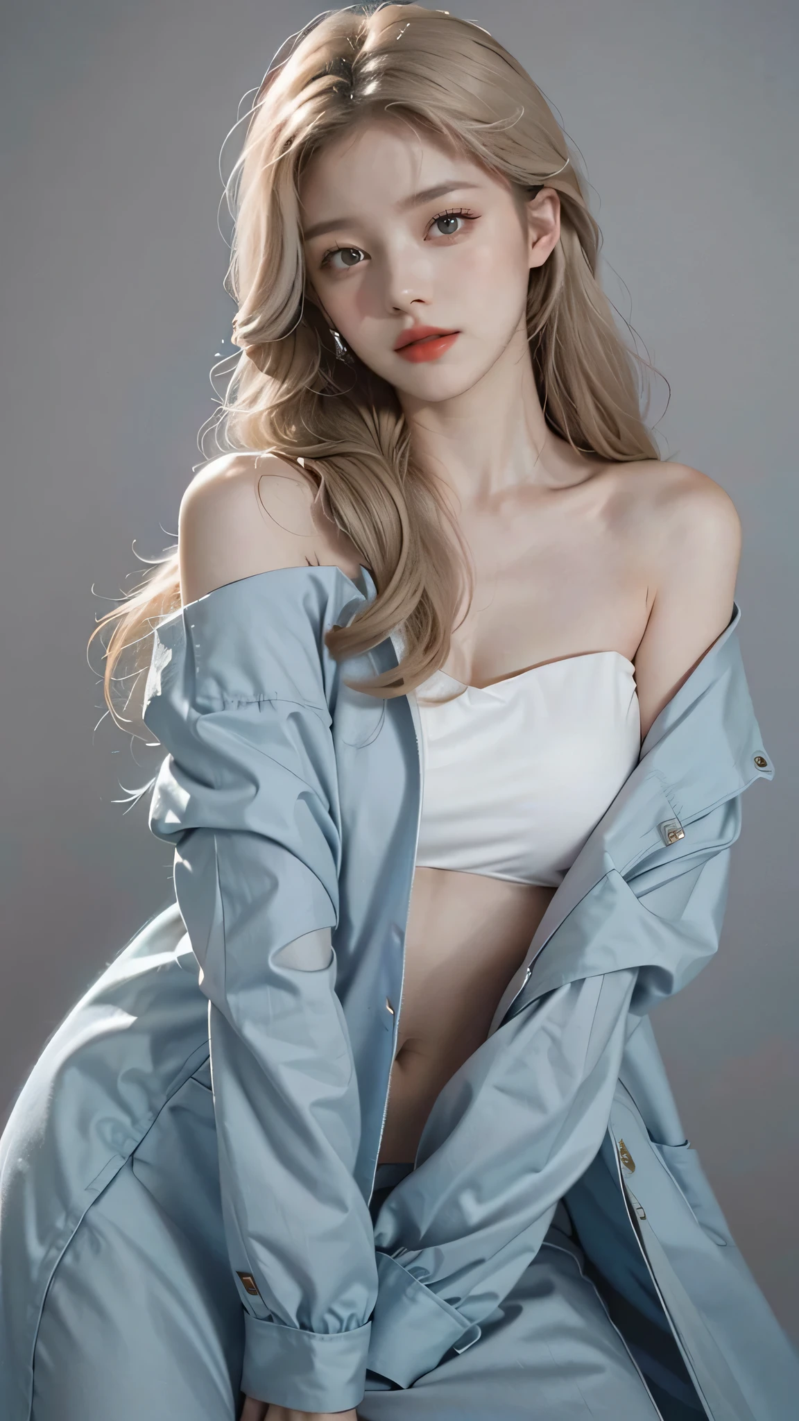 Girl wearing, luxury  cyan coat, shoulder length hair, wavy hair, glowing skin, star in eye, red lips, grey  background, cute poses , upper body, light blonde hair, full covered clothing.