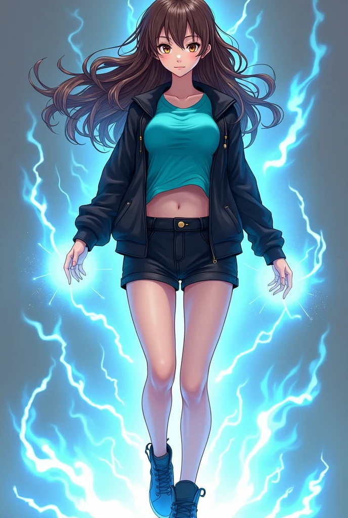 1. 1 white girl
2. Spanish features
3. Long wavy brown hair
4. Light brown eyes
5. Slightly elongated face
6. Small breasts
7. Wide hips
8. Wears black shorts
9. Turquoise t-shirt
10. Black jacket
11. Electric rays are emitted from her body
12. It has to be full body
13. She wears black sports boots
14. Blue fire is emitted from her feet
15. It has to be an anime girl