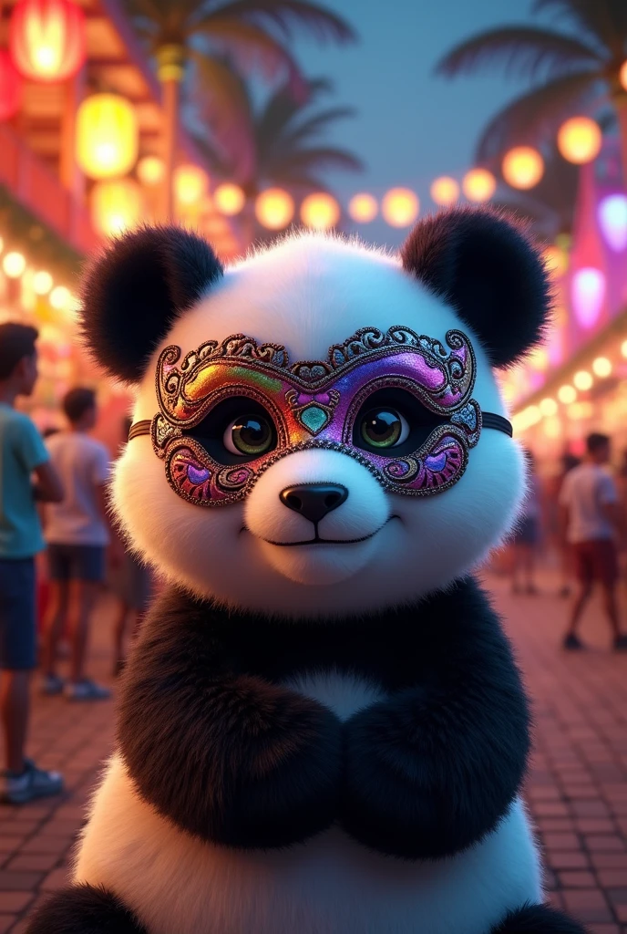 Draw a semi realistic panda, pleasant and determined look, who wears a party mask on his eyes and is at a Latin American art festival at night. Let everything be colorful and decorated.